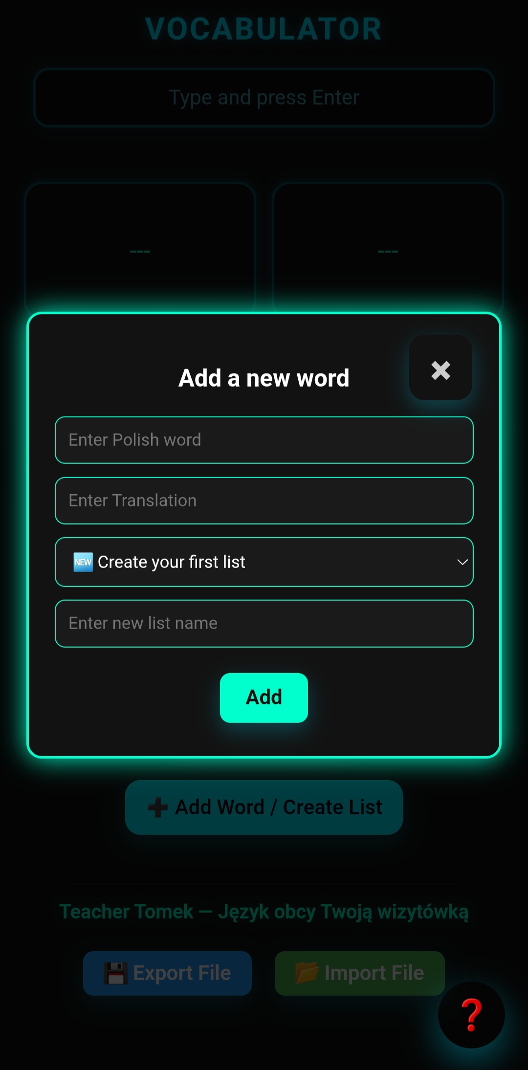 Ekran dodawania słowa